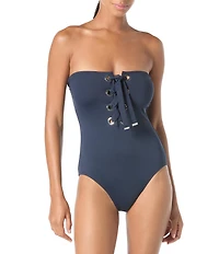 MICHAEL Michael Kors Grommet Lace Up Strapless Soft Cup On-Piece Swimsuit
