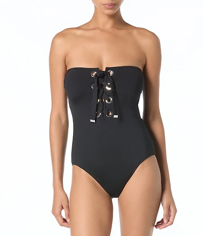 MICHAEL Michael Kors Grommet Lace Up Strapless Soft Cup On-Piece Swimsuit