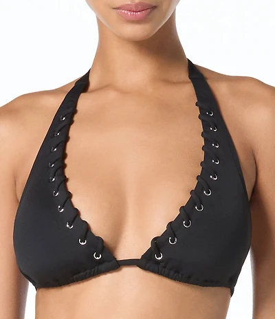 MICHAEL Michael Kors Lace Grommet Halter Neck Triangle String Swim Top