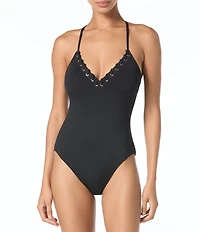 MICHAEL Michael Kors Lace Grommet V-Neck Cross Back One Piece Swimsuit