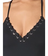 MICHAEL Michael Kors Lace Grommet V-Neck Cross Back One Piece Swimsuit