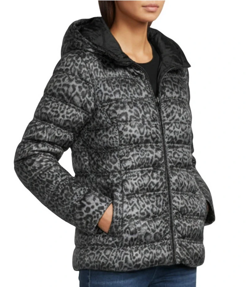 MICHAEL Michael Kors Leopard Print Reversible Feather Down Quilted Hooded Zip Front Puffer Jacket