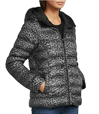 MICHAEL Michael Kors Leopard Print Reversible Feather Down Quilted Hooded Zip Front Puffer Jacket