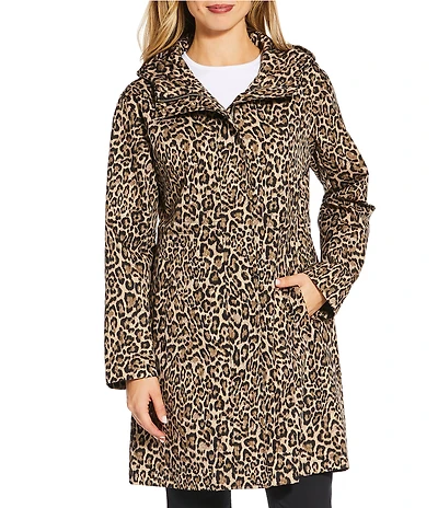 MICHAEL Michael Kors Leopard Print Stand Collar Elastic Waist Water-Resistant Anorak Jacket