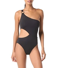MICHAEL Michael Kors Logo Ring One-Shoulder Side Cutout One Piece Swimsuit