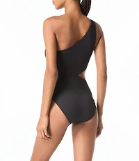 MICHAEL Michael Kors Logo Ring One-Shoulder Side Cutout One Piece Swimsuit