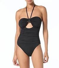 MICHAEL Michael Kors Logo Ring Shirred Halter Neck One Piece Swimsuit