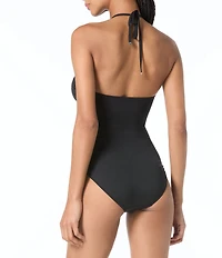 MICHAEL Michael Kors Logo Ring Shirred Halter Neck One Piece Swimsuit
