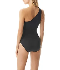 MICHAEL Michael Kors Logo Ring Underwire Tummy Control One Shoulder One Piece Swimsuit