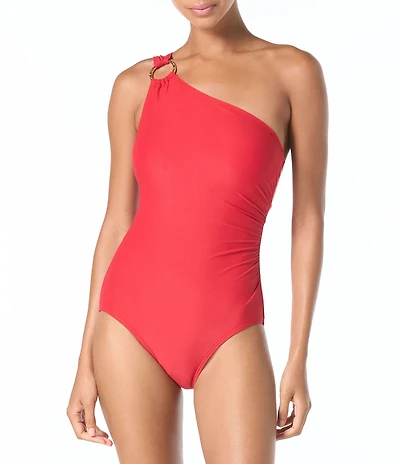 MICHAEL Michael Kors Logo Ring Underwire Tummy Control One Shoulder One Piece Swimsuit