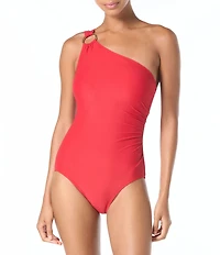 MICHAEL Michael Kors Logo Ring Underwire Tummy Control One Shoulder One Piece Swimsuit