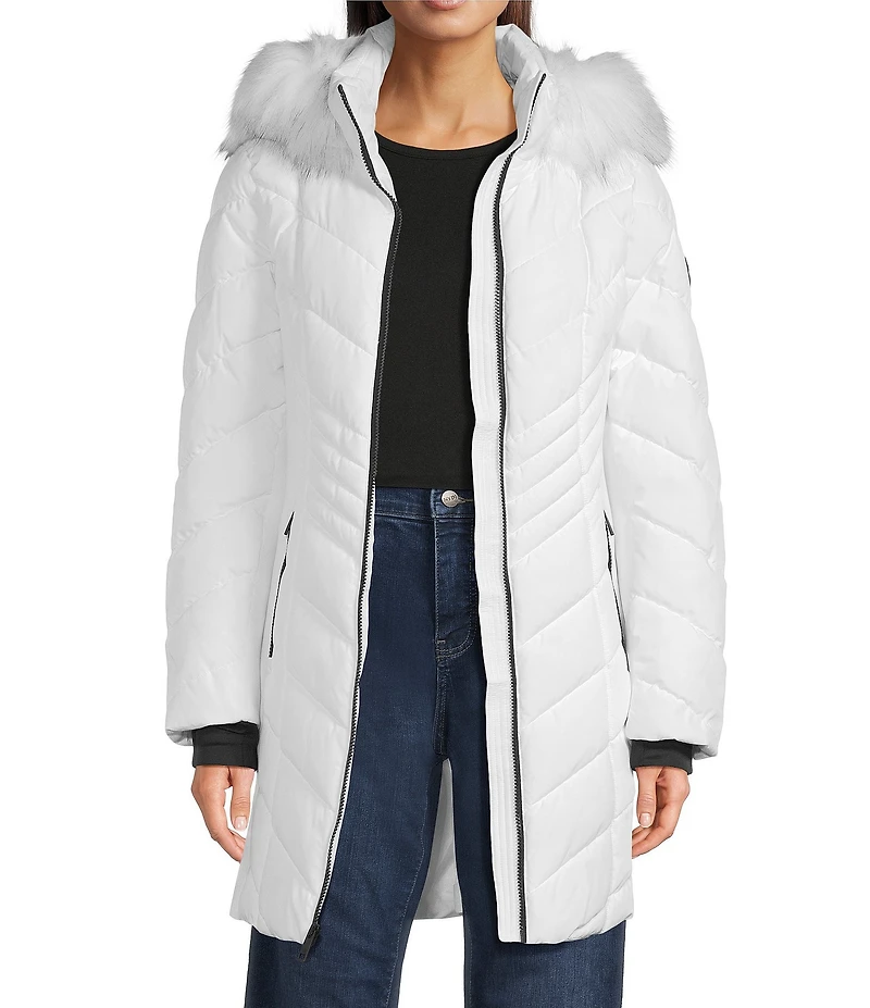 MICHAEL Michael Kors Quilted Faux Fur Trim Stand Collar Hooded Zip Front Puffer Jacket