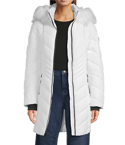 MICHAEL Michael Kors Quilted Faux Fur Trim Stand Collar Hooded Zip Front Puffer Jacket