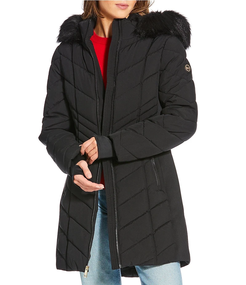 MICHAEL Michael Kors Quilted Faux Fur Trim Stand Collar Hooded Zip Front Puffer Jacket