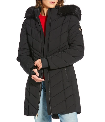 MICHAEL Michael Kors Quilted Faux Fur Trim Stand Collar Hooded Zip Front Puffer Jacket