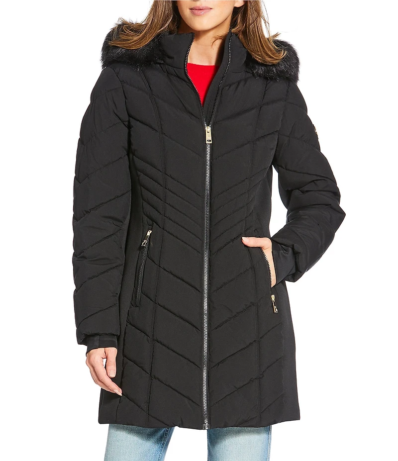 MICHAEL Michael Kors Quilted Faux Fur Trim Stand Collar Hooded Zip Front Puffer Jacket