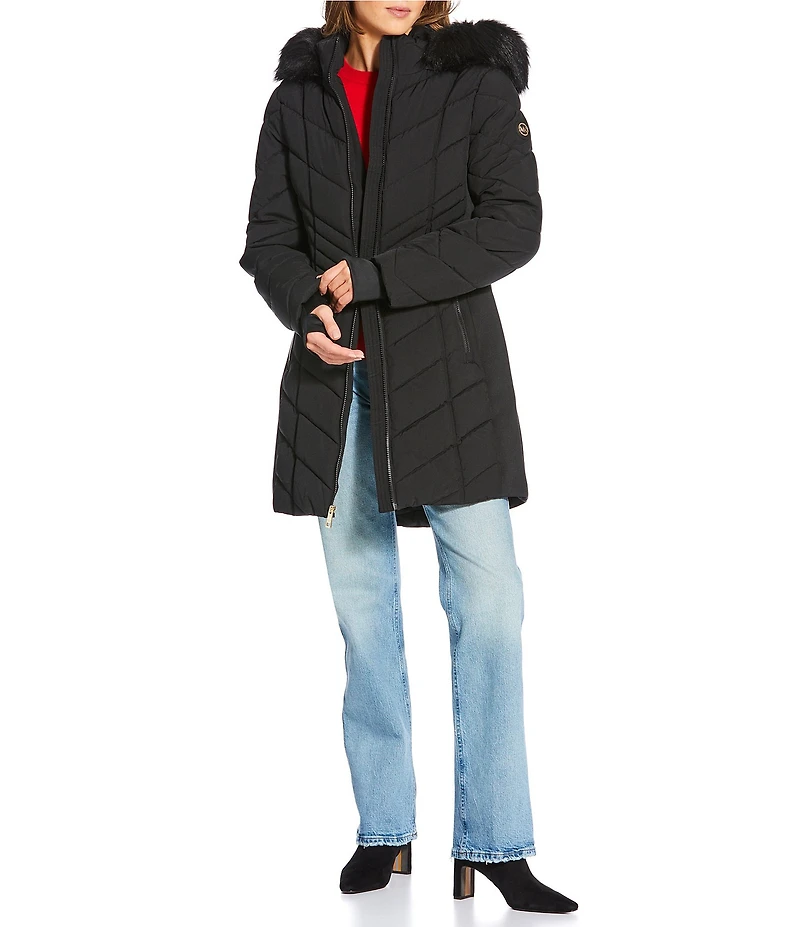 MICHAEL Michael Kors Quilted Faux Fur Trim Stand Collar Hooded Zip Front Puffer Jacket