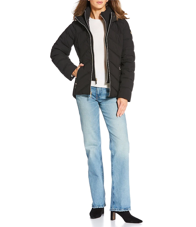 MICHAEL Michael Kors Quilted Stand Collar Hooded Water Resistant Zip Front Down Puffer Jacket