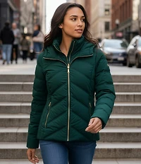 MICHAEL Michael Kors Quilted Stand Collar Hooded Water Resistant Zip Front Down Puffer Jacket