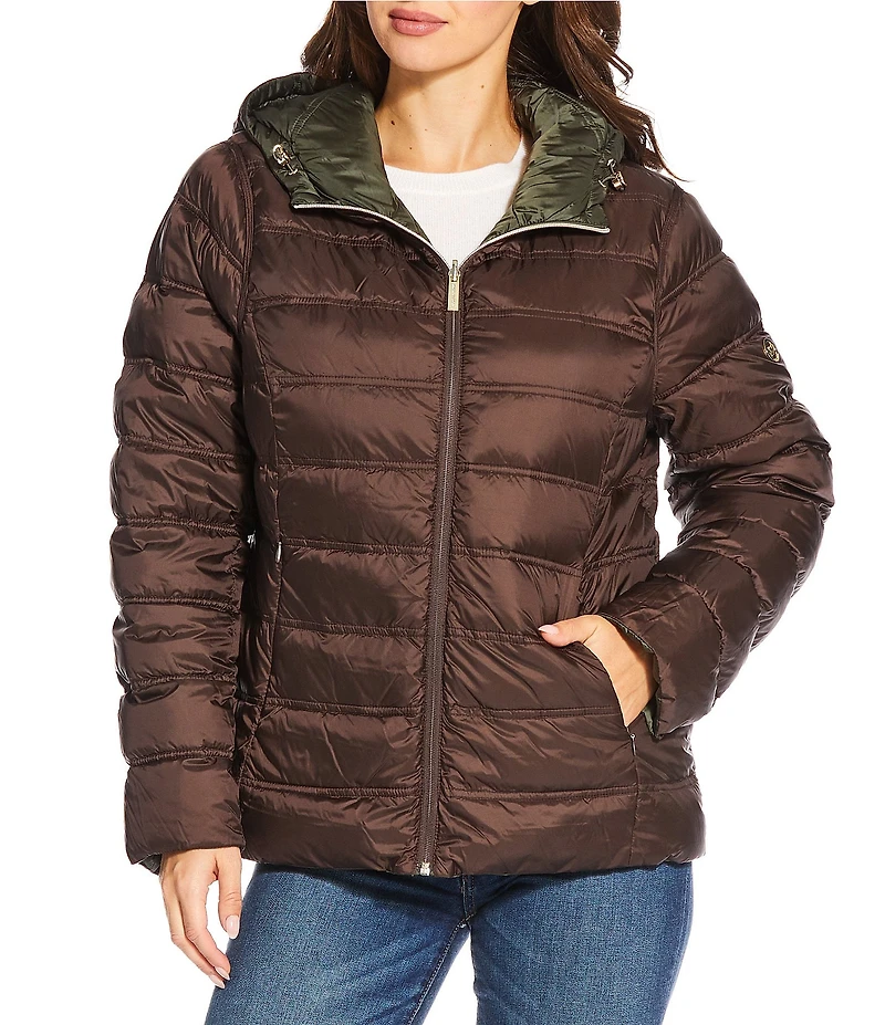 MICHAEL Michael Kors Reversible Feather Down Quilted Hooded Zip Front Puffer Jacket