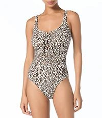 MICHAEL Michael Kors Small Leopard Scoop Neck Lace-Up Grommet One Piece Swimsuit