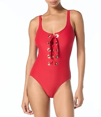 MICHAEL Michael Kors Solid Scoop Neck Grommet Lace-Up Tank One Piece Swimsuit