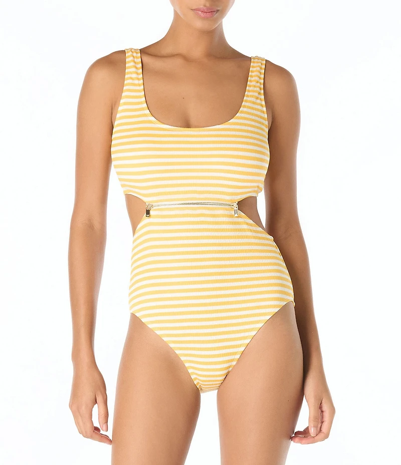 MICHAEL Michael Kors St. Tropez Stripe Texture Zipper Cut-Out Scoop Neck One Piece Swimsuit