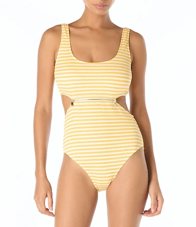 MICHAEL Michael Kors St. Tropez Stripe Texture Zipper Cut-Out Scoop Neck One Piece Swimsuit