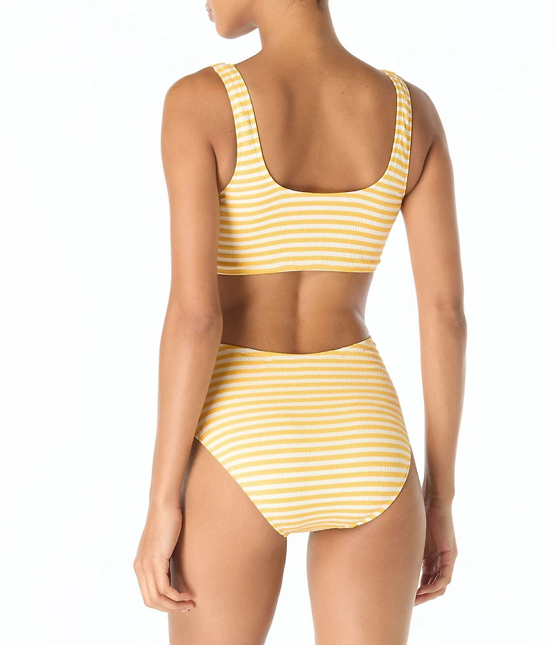 MICHAEL Michael Kors St. Tropez Stripe Texture Zipper Cut-Out Scoop Neck One Piece Swimsuit