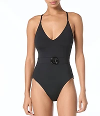 MICHAEL Michael Kors V-Neck Belted Logo Cross Back Full Coverage One Piece Swimsuit