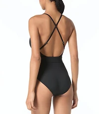 MICHAEL Michael Kors V-Neck Belted Logo Cross Back Full Coverage One Piece Swimsuit