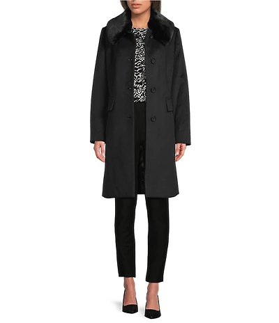 MICHAEL Michael Kors Wool Blend Faux Fur Trim Peter Pan Stand Collar Button Front Peacoat