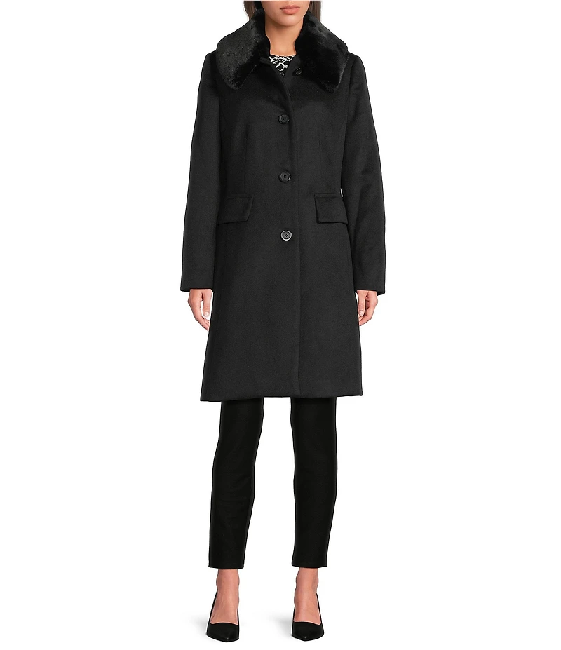 MICHAEL Michael Kors Wool Blend Faux Fur Trim Peter Pan Stand Collar Button Front Peacoat