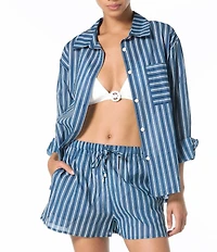 MICHEAL Michael Kors Stripe Point Collar Long Sleeve Button Front Cover Up Shirt