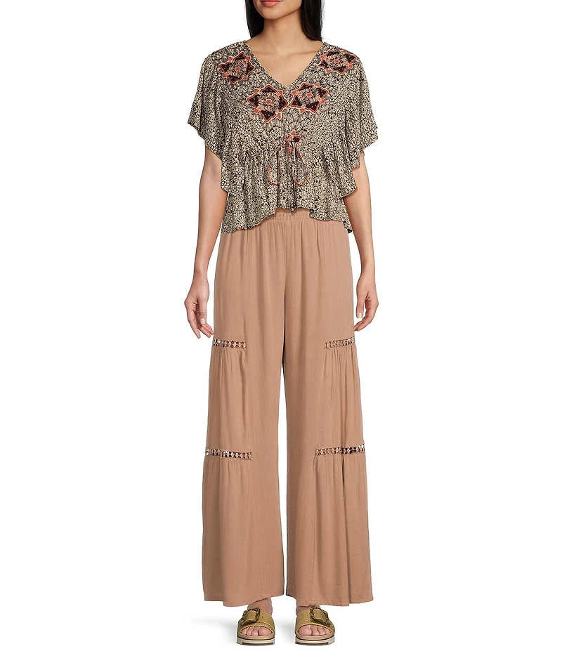 Angie Mid Rise Lace Side Trim Wide Leg Pull-On Pants