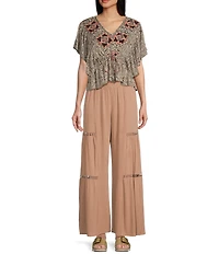 Angie Mid Rise Lace Side Trim Wide Leg Pull-On Pants