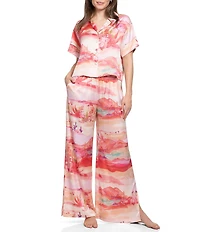 Midnight Bakery Desert Print Short Sleeve Notch Collar Satin Long Pajama Set