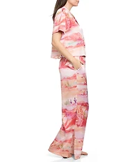 Midnight Bakery Desert Print Short Sleeve Notch Collar Satin Long Pajama Set