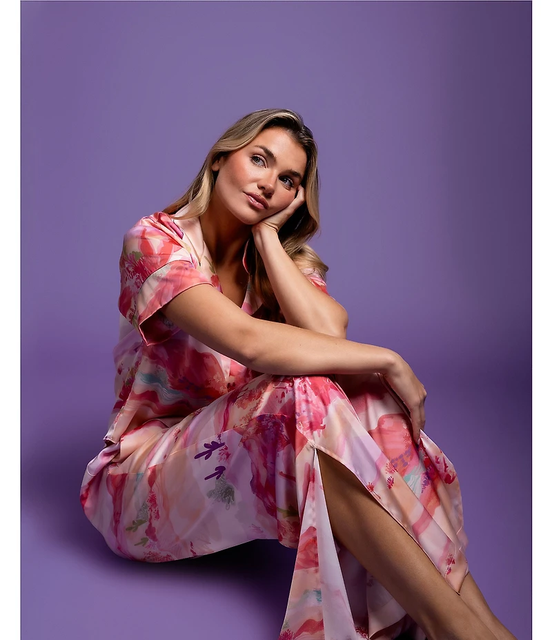 Midnight Bakery Desert Print Short Sleeve Notch Collar Satin Long Pajama Set