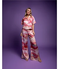 Midnight Bakery Desert Print Short Sleeve Notch Collar Satin Long Pajama Set