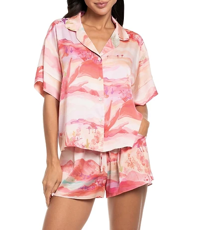 Midnight Bakery Desert Print Short Sleeve Notch Collar Satin Shorty Pajama Set