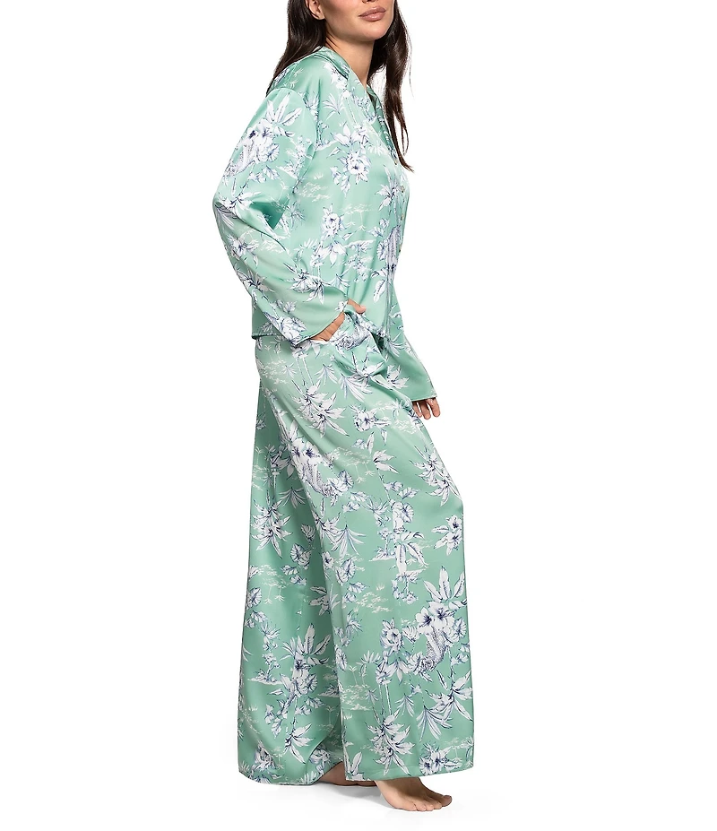 Midnight Bakery Floral Foliage Long Sleeve Notch Collar Long Satin Pajama Set