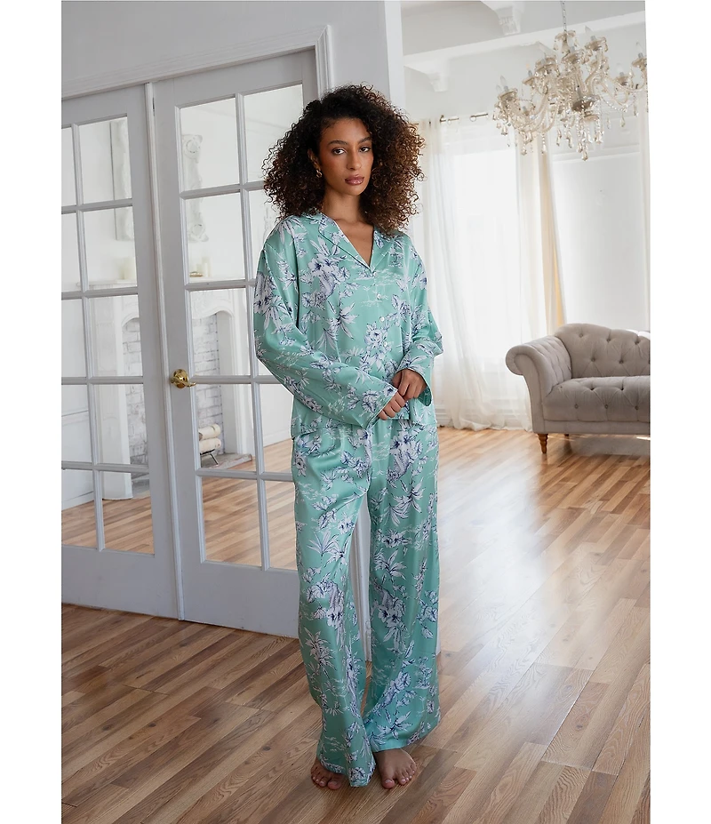 Midnight Bakery Floral Foliage Long Sleeve Notch Collar Long Satin Pajama Set