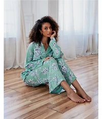 Midnight Bakery Floral Foliage Long Sleeve Notch Collar Long Satin Pajama Set