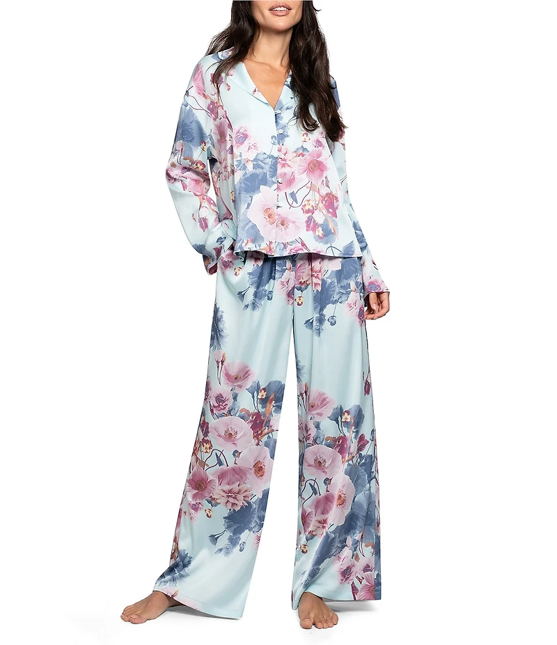 Midnight Bakery Floral Print Long Sleeve Notch Collar Long Satin Pajama Set