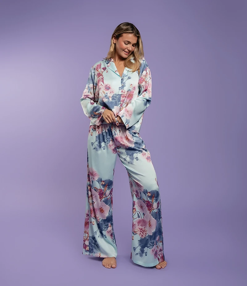 Midnight Bakery Floral Print Long Sleeve Notch Collar Long Satin Pajama Set