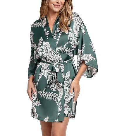 Midnight Bakery Foliage Print 3/4 Sleeve Shawl Collar Satin Wrap Short Robe