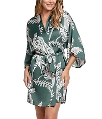 Midnight Bakery Foliage Print 3/4 Sleeve Shawl Collar Satin Wrap Short Robe