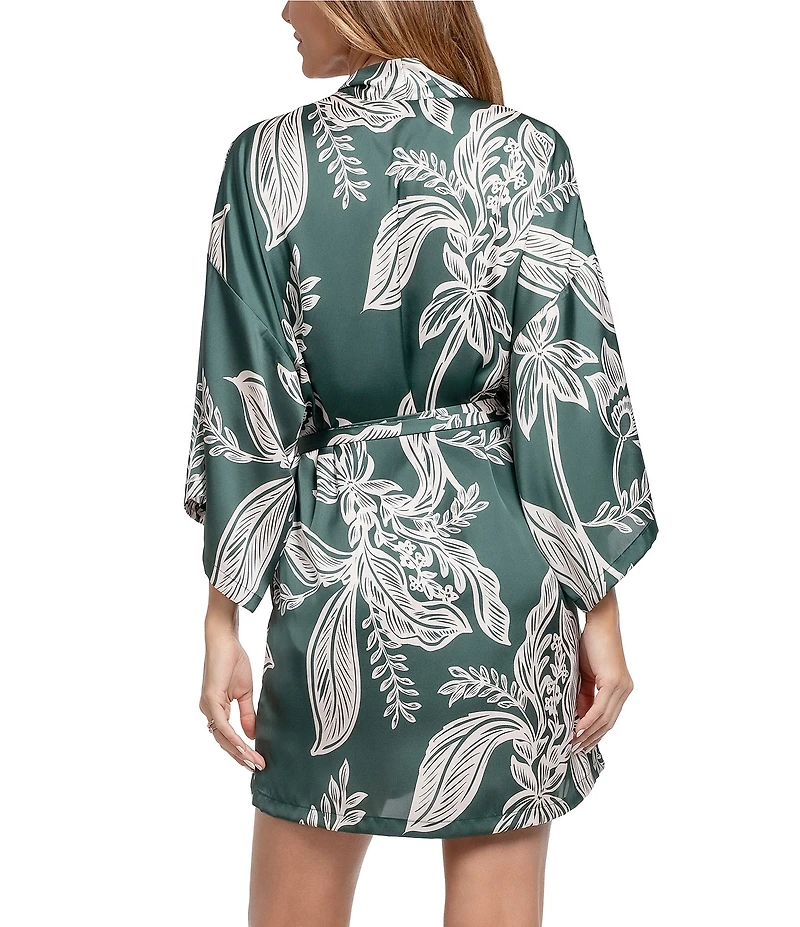 Midnight Bakery Foliage Print 3/4 Sleeve Shawl Collar Satin Wrap Short Robe