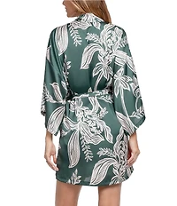 Midnight Bakery Foliage Print 3/4 Sleeve Shawl Collar Satin Wrap Short Robe